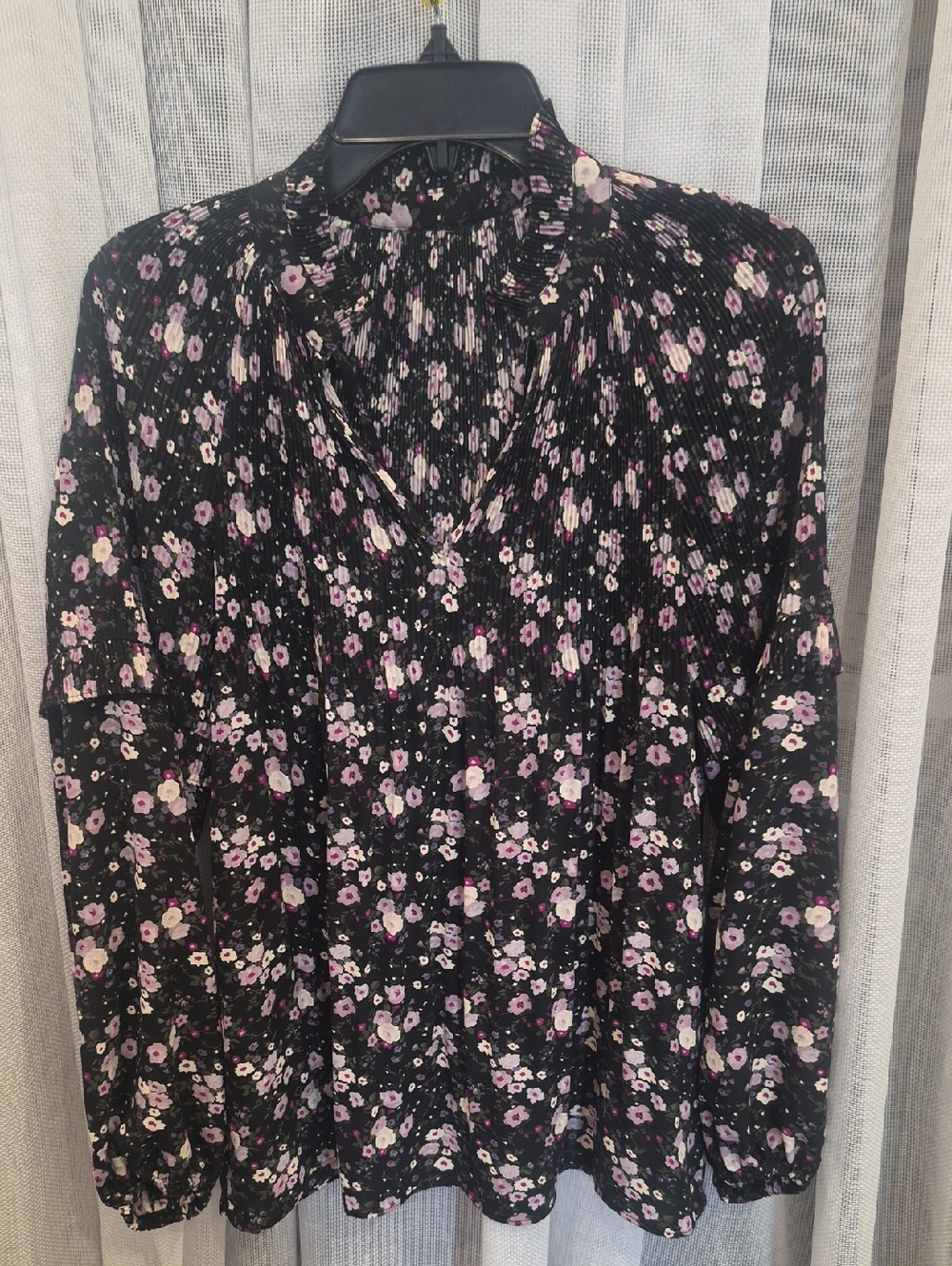 Black Floral Long Sleeve Peasant Blouse - Pink & Cream Flowers